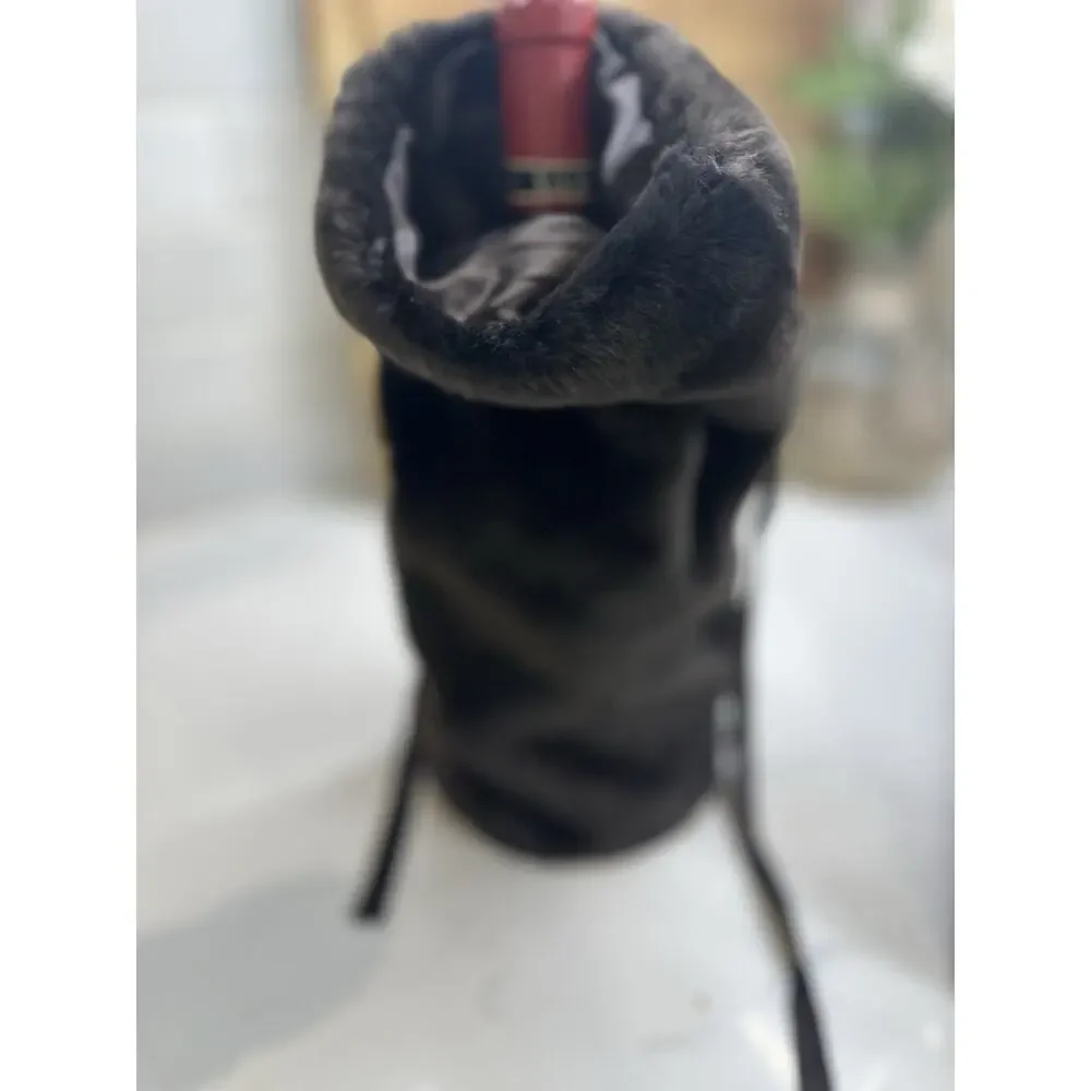 Faux Fur Wine Bottle Bag - VTG Pottery Barn - dark chocolate with silk tie